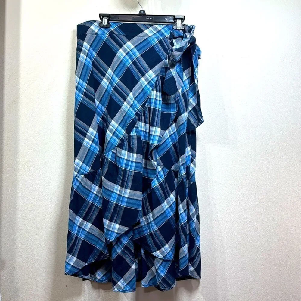 (K2) LAUREN RALPH LAUREN Asymmetrical Ruffle Skirt Navy Blue Midi Skirt, Sz L - Picture 7 of 16